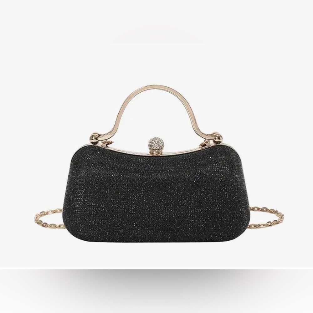 Black Glitter Evening Clutch Gold Frame Rhinestone Clasp Chain Strap NIP